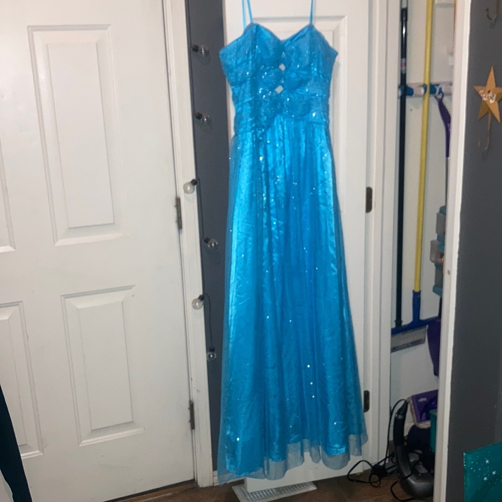Strapless baby blue sparkle prom dress